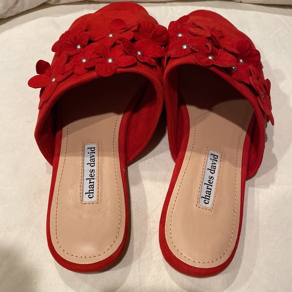 Charles David Sicilian red size 11 slides shoes flowers 🌺 daisies suede leather - Picture 5 of 16